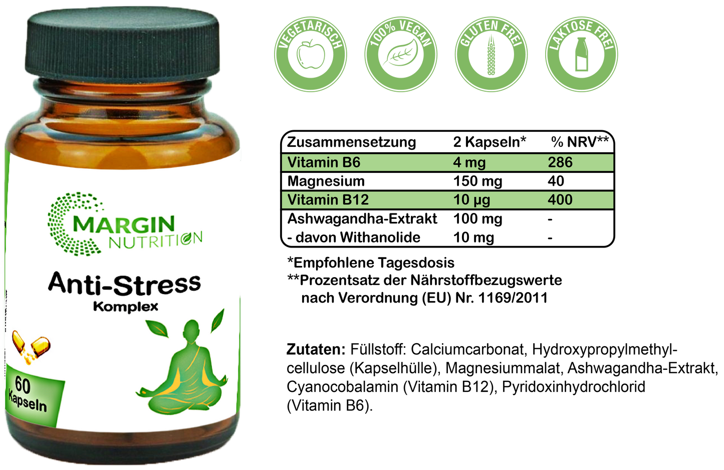 Anti-Stress Komplex / Mit Vitamin B12, Magnesium, Ashwagandha und Vitamin B6 (30, 60, 2x60, 3x60 Vegane Kapseln)
