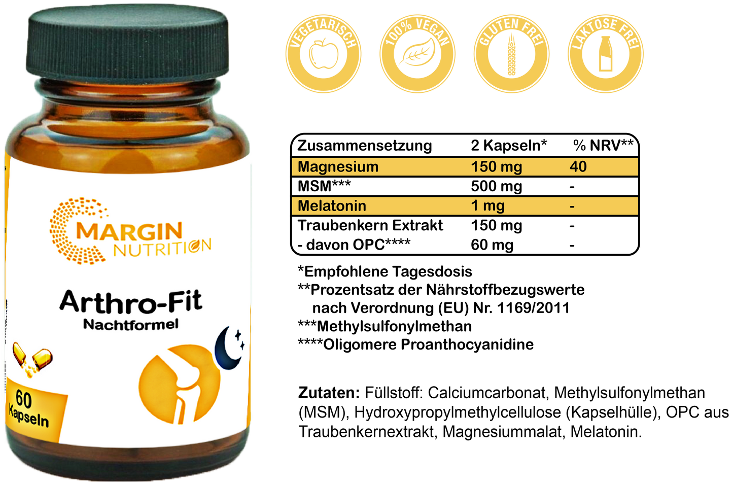 Arthro-Fit Nachtformel / Mit Magnesium, MSM, Melatonin und Oligomere Proanthocyanidine (OPC) (30, 60, 2x60, 3x60 Vegane Kapseln)