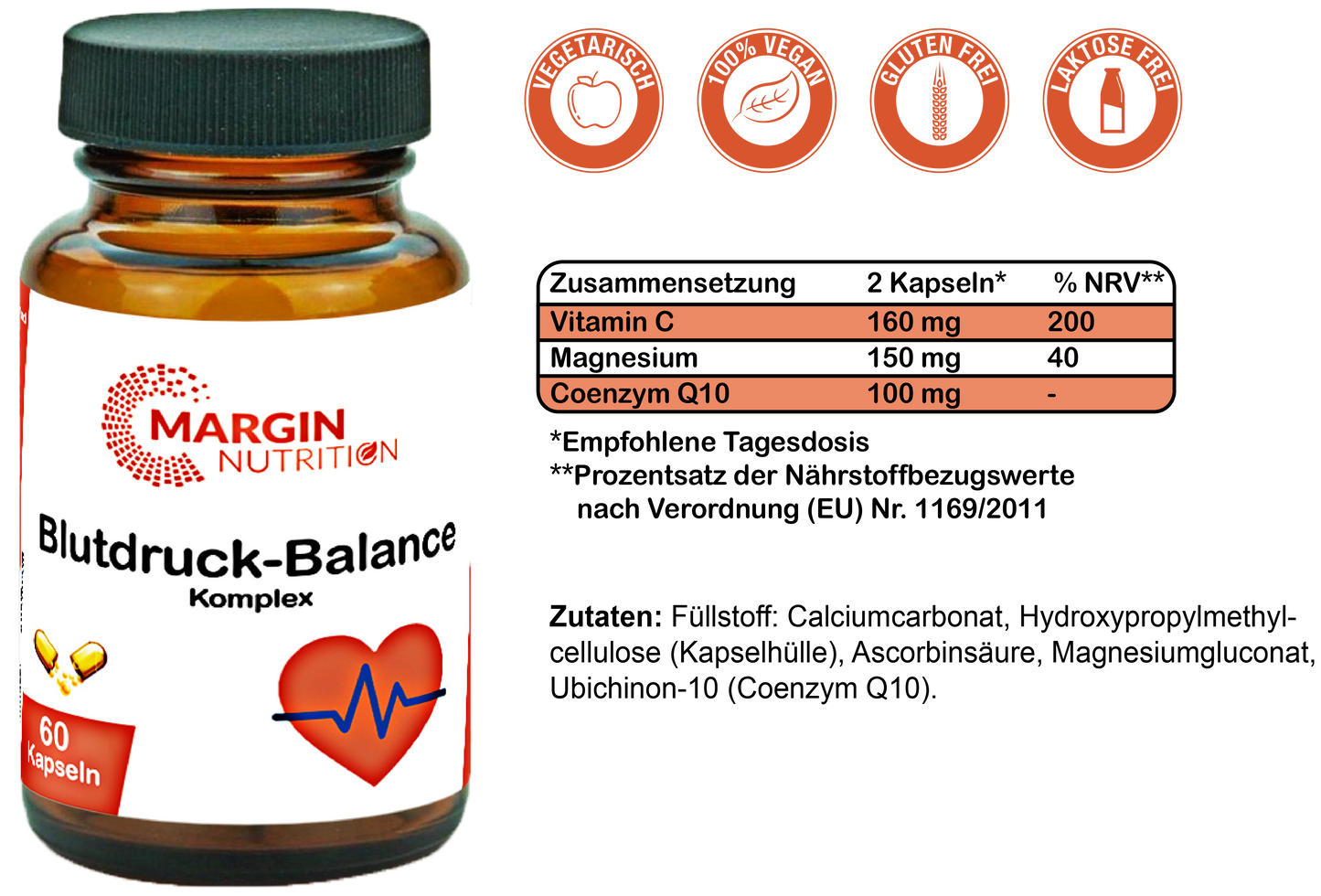 Blutdruck-Balance Komplex / Mit Coenzym Q10, Magnesium und Vitamin C (30, 60, 2x60, 3x60 Vegane Kapseln)