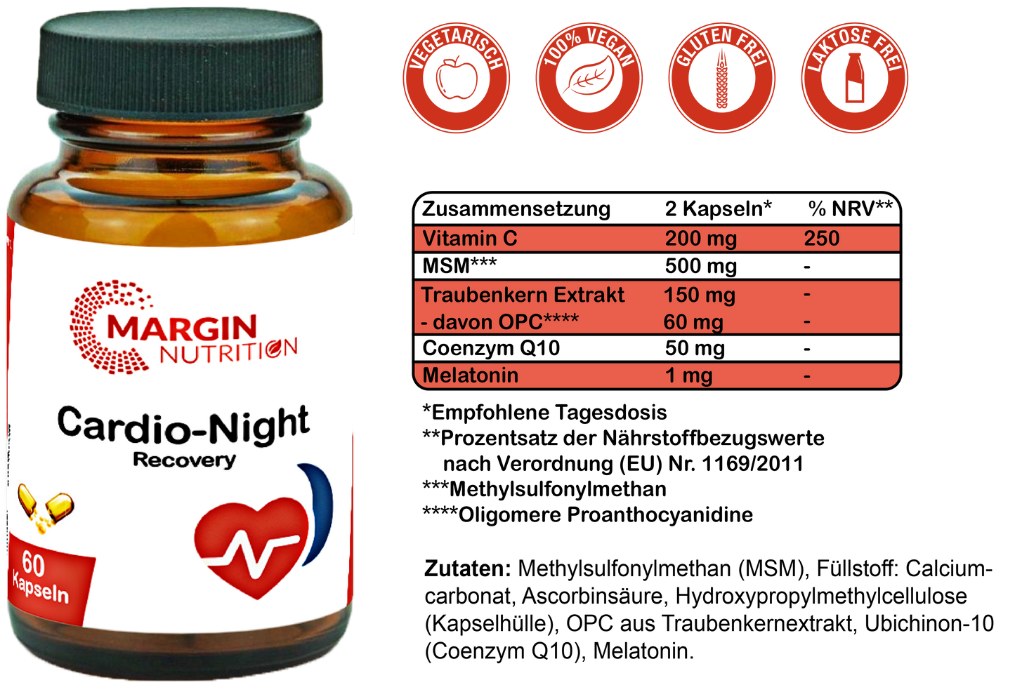 Cardio-Night Recovery / Mit Vitamin C, MSM, Coenzym Q10, Oligomere Proanthocyanidine (OPC) und Melatonin (30, 60, 2x60, 3x60 Vegane Kapseln)
