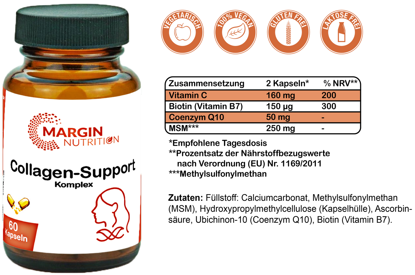 Collagen-Support Komplex / Mit Coenzym Q10, Vitamin C, MSM und Vitamin B7 (Biotin) (30, 60, 2x60, 3x60 Vegane Kapseln)