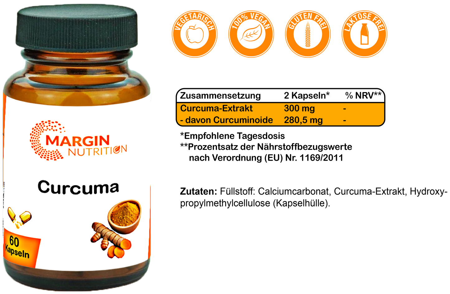 Curcuma / Hochdosiert 300 mg pro Tagesdosis (30, 60, 2x60, 3x60 Vegane Kapseln)