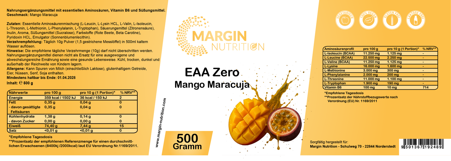 EAA Zero Mango Maracuja – Essentielle Aminosäuren ohne Zucker | 250 g, 500 g, 2×500 g, 4×500 g