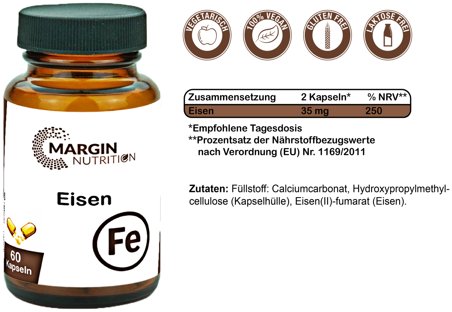 Eisen / Hochdosiert 35 mg pro Tagesdosis (30, 60, 2x60, 3x60 Vegane Kapseln)