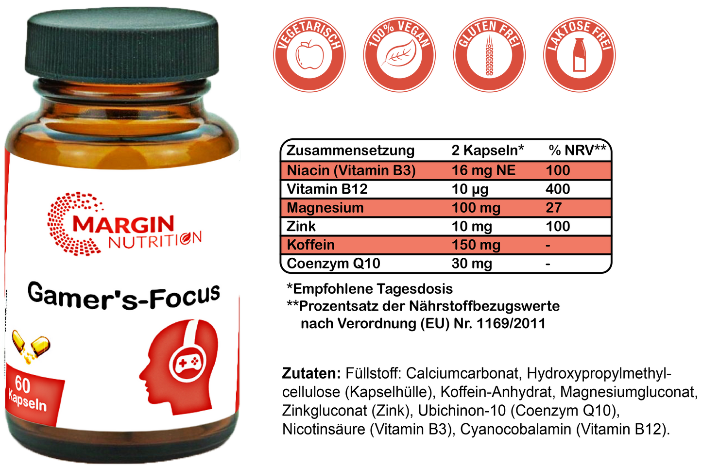 Gamer's-Focus / Mit Koffein, Magnesium, Coenzym Q10, Vitamin B3 (Niacin), Zink und Vitamin B12 (30, 60, 2x60, 3x60 Vegane Kapseln)