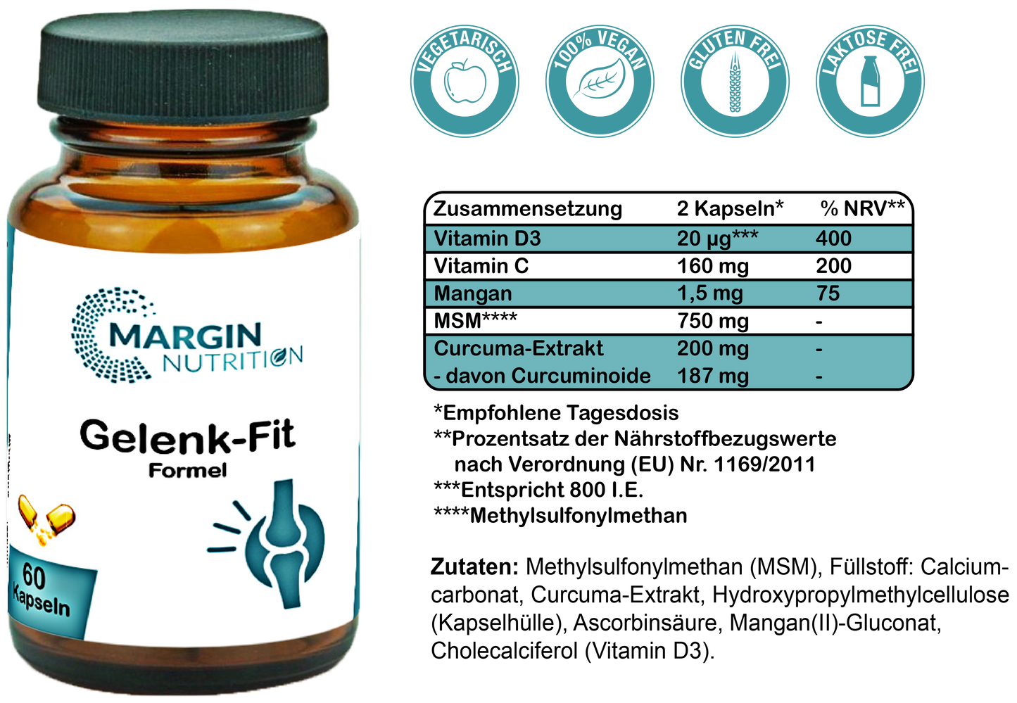 Gelenk-Fit Formel / Mit MSM, Curcuma, Vitamin D3, Vitamin C und Mangan (30, 60, 2x60, 3x60 Vegane Kapseln)