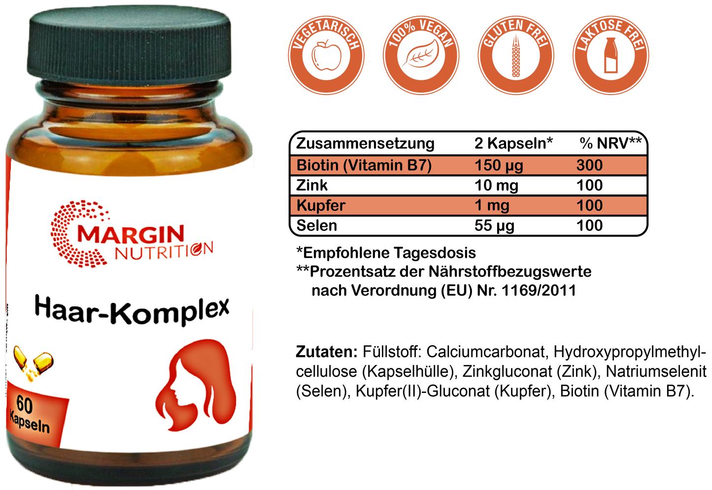 Haar-Komplex / Mit Kupfer, Zink, Selen und Biotin (Vitamin B7) (30, 60, 2x60, 3x60 Vegane Kapseln)