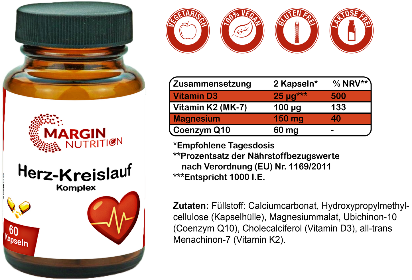 Herz-Kreislauf Komplex / Mit Magnesium, Vitamin D3, Vitamin K2 und Coenzym Q10 (30, 60, 2x60, 3x60 Vegane Kapseln)