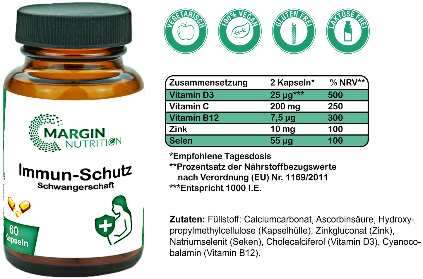 Immun-Schutz Schwangerschaft / Mit Vitamin C, Vitamin D3, Zink, Selen und Vitamin B12 (30, 60, 2x60, 3x60 Vegane Kapseln)