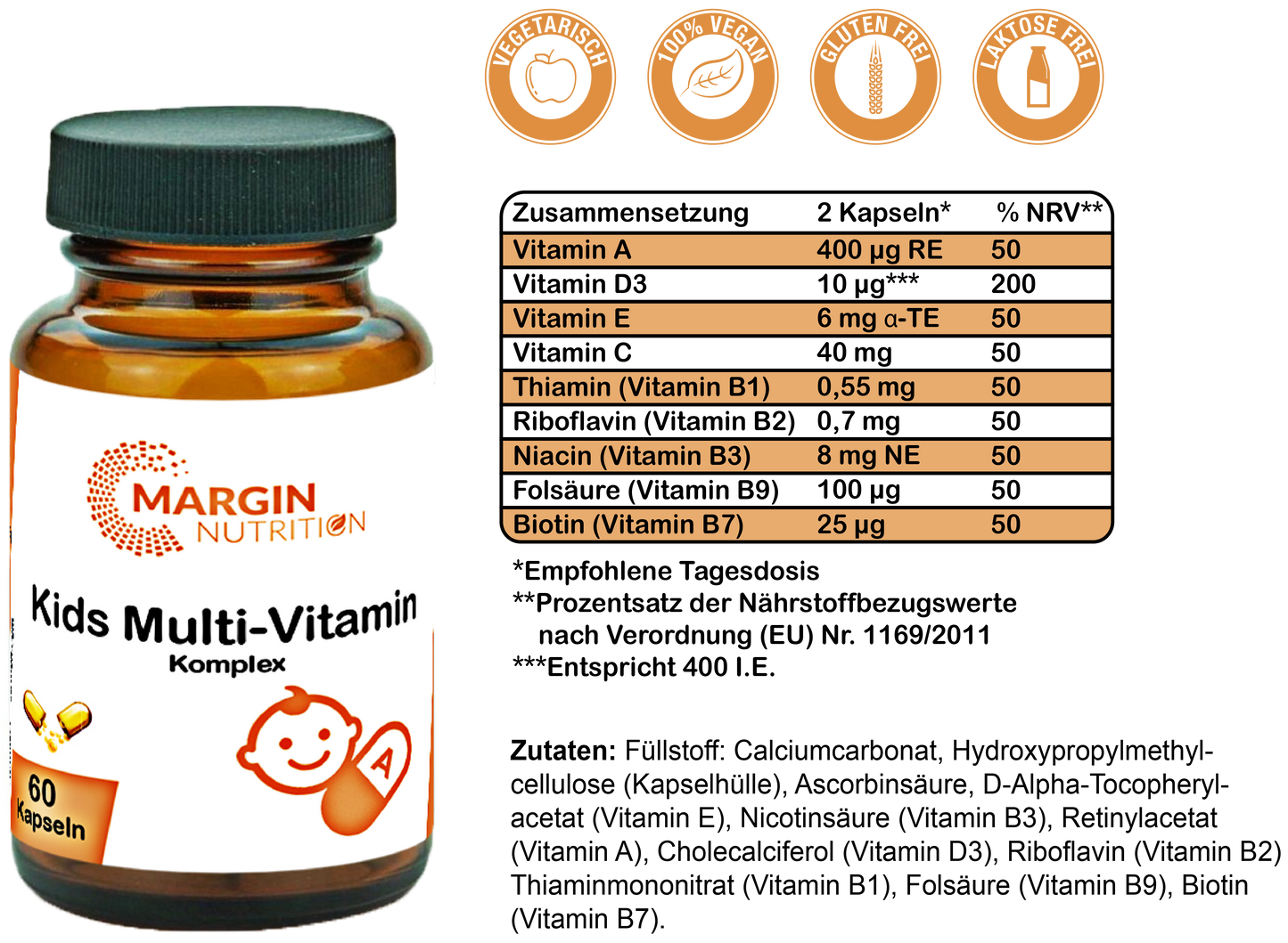 Kids Multivitamin Komplex / Mit Vitamin A, Vitamin D3, Vitamin E, Vitamin C und B-Vitaminen (30, 60, 2x60, 3x60 Vegane Kapseln)
