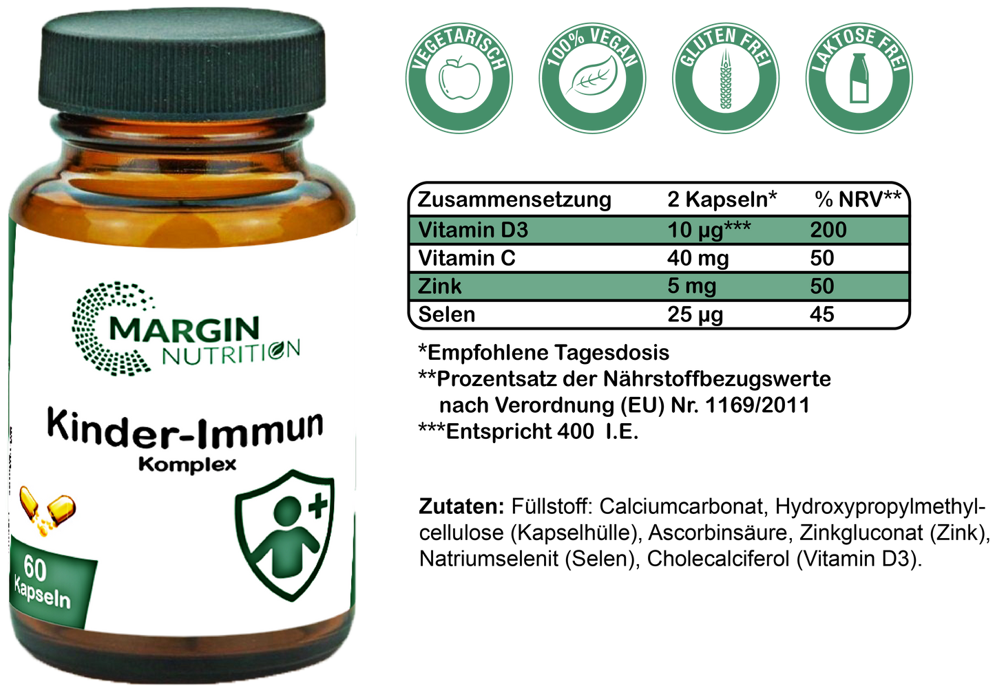 Kinder-Immun Komplex / Mit Vitamin C, Vitamin D3, Zink und Selen (30, 60, 2x60, 3x60 Vegane Kapseln)