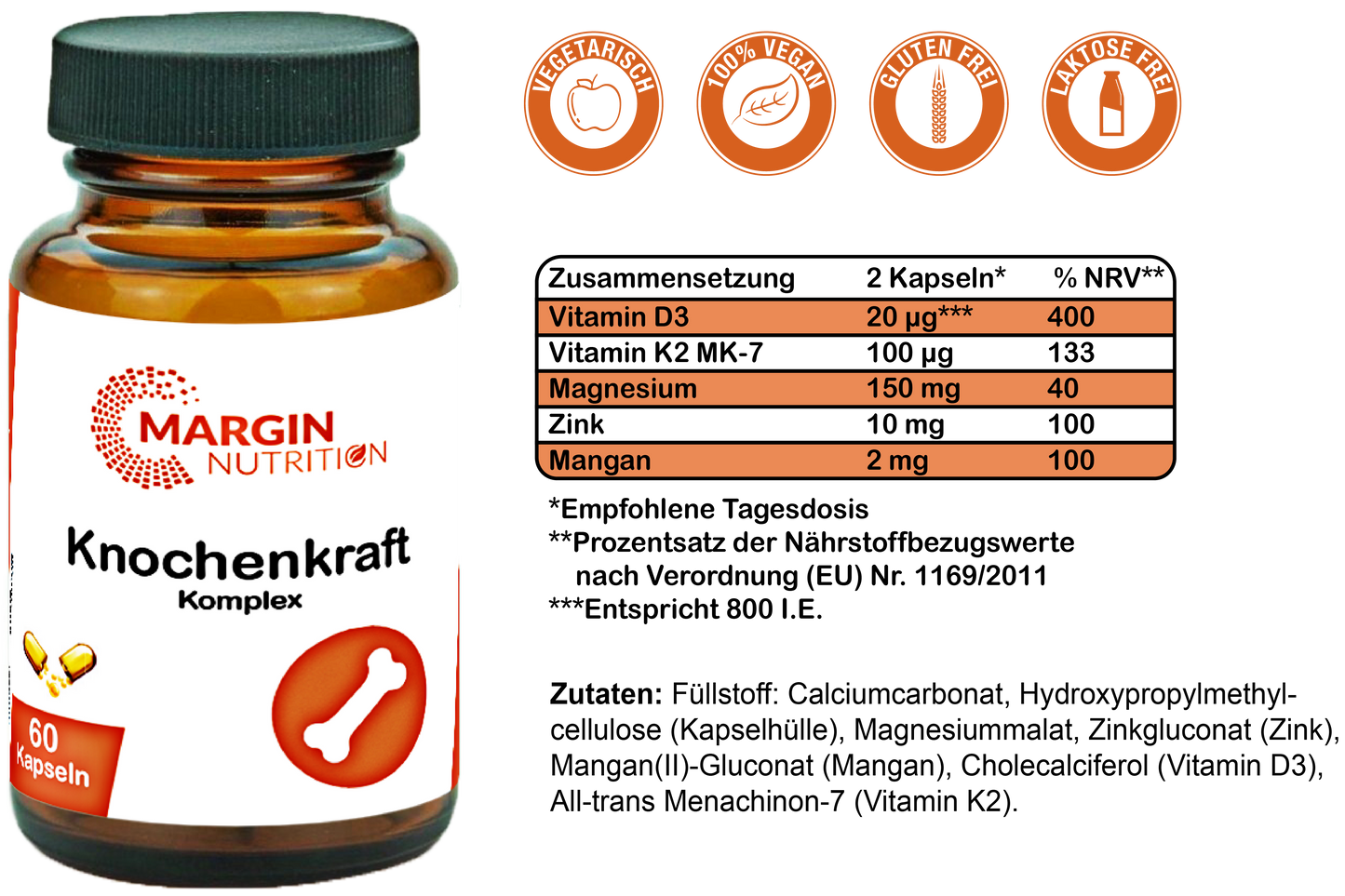 Knochenkraft Komplex / Mit Vitamin D3, Vitamin K2, Magnesium, Zink und Mangan (30, 60, 2x60, 3x60 Vegane Kapseln)