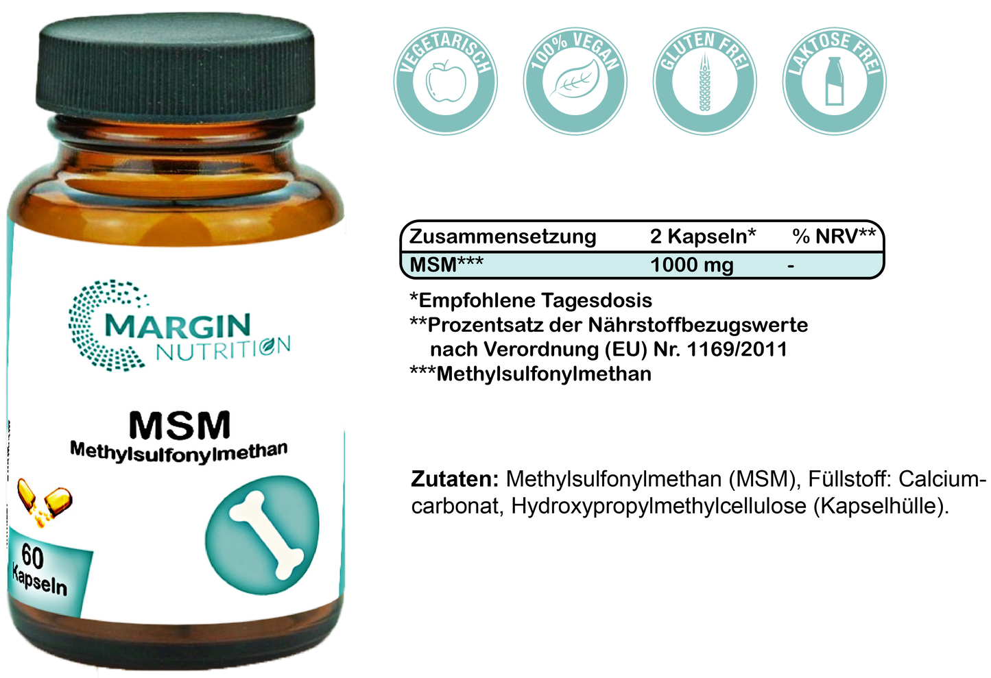 Methylsulfonylmethan (MSM) / Hochdosiert 1000 mg pro Tagesdosis (30, 60, 2x60, 3x60 Vegane Kapseln)
