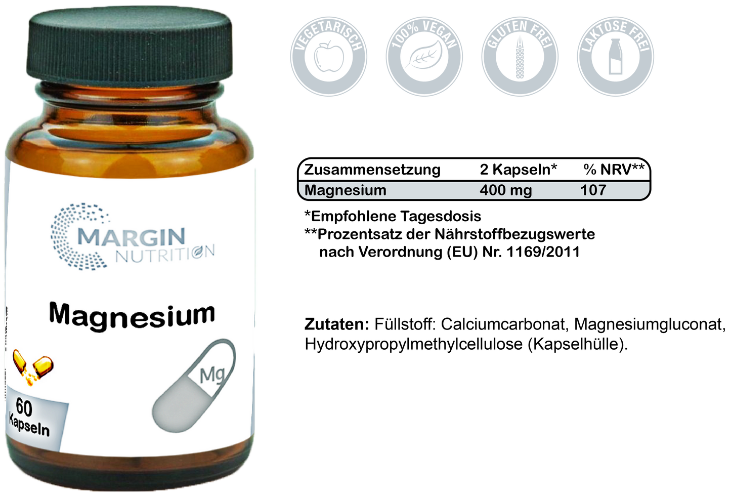 Magnesium / Hochdosiert 400 mg pro Tagesdosis (30, 60, 2x60, 3x60 Vegane Kapseln)