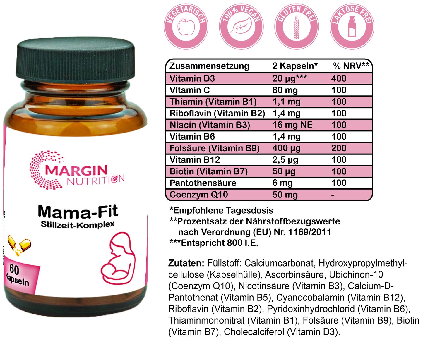 Mama-Fit Stillzeit-Komplex / Mit allen 8 B-Vitaminen, Vitamin C, Vitamin D3 und Coenzym Q10 (30, 60, 2x60, 3x60 Vegane Kapseln)
