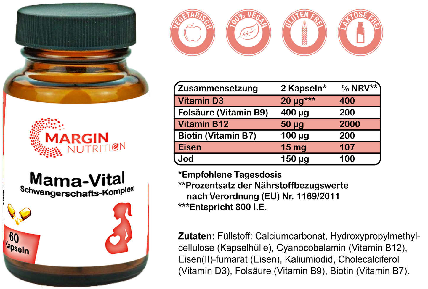 Mama-Vital Schwangerschafts-Komplex / Mit Folsäure, Eisen, Jod, Biotin, Vitamin B12 und Vitamin D3 (30, 60, 2x60, 3x60 Vegane Kapseln)