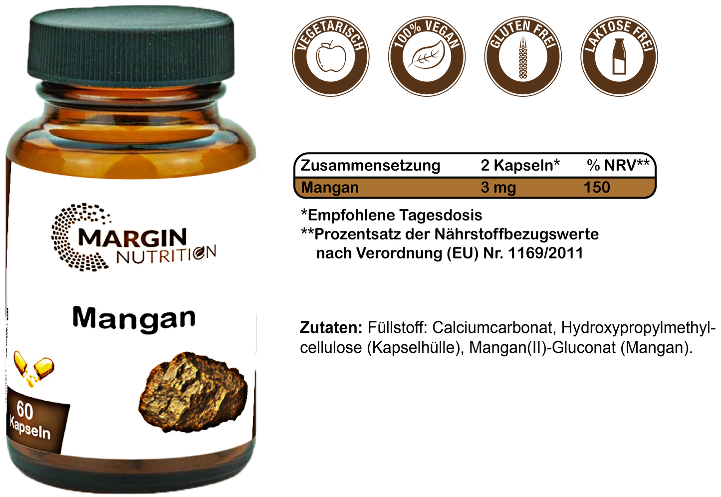 Mangan / Hochdosiert 3 mg pro Tagesdosis (30, 60, 2x60, 3x60 Vegane Kapseln)