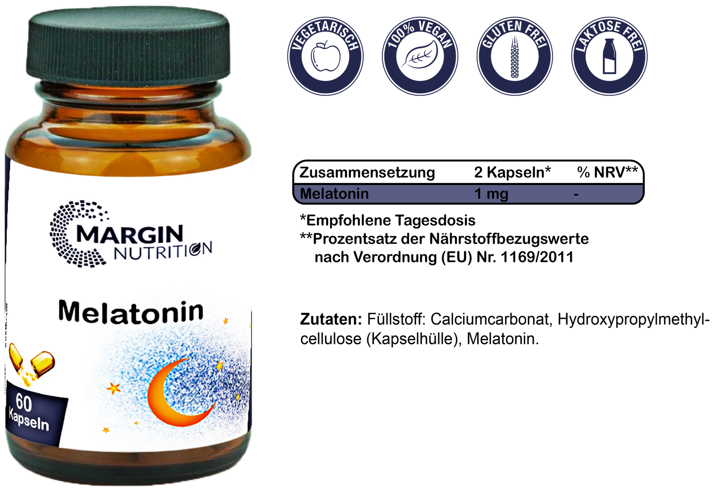 Melatonin / Mit 1 mg pro Tagesdosis (30, 60, 2x60, 3x60 Vegane Kapseln)