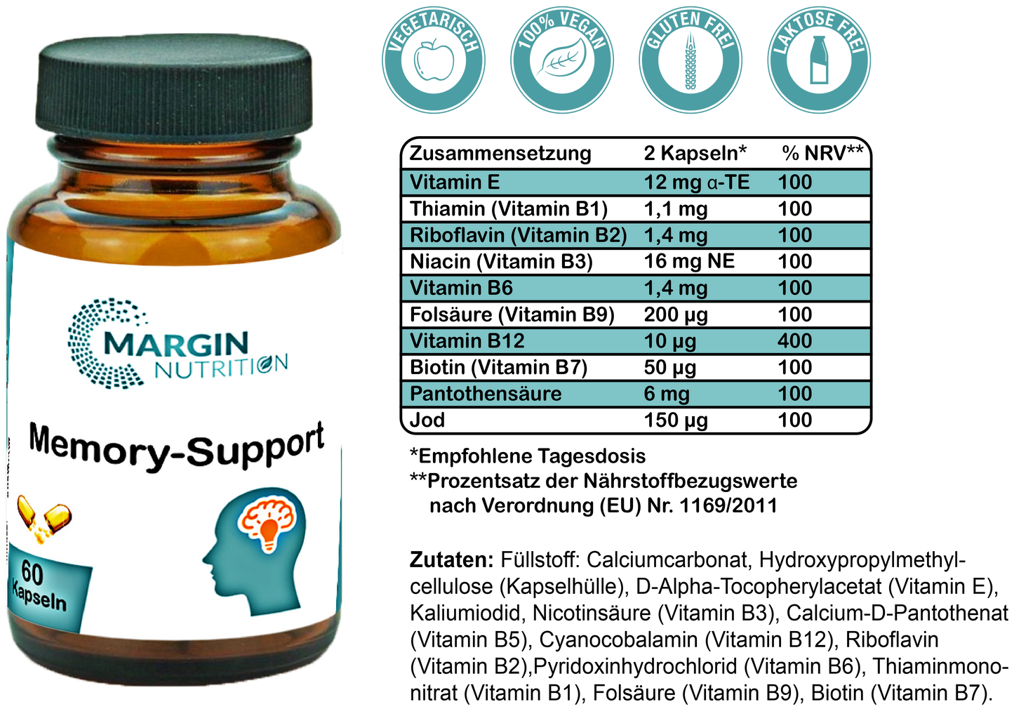 Memory-Support / Mit allen 8 B-Vitaminen, Vitamin E und Jod (30, 60, 2x60, 3x60 Vegane Kapseln)