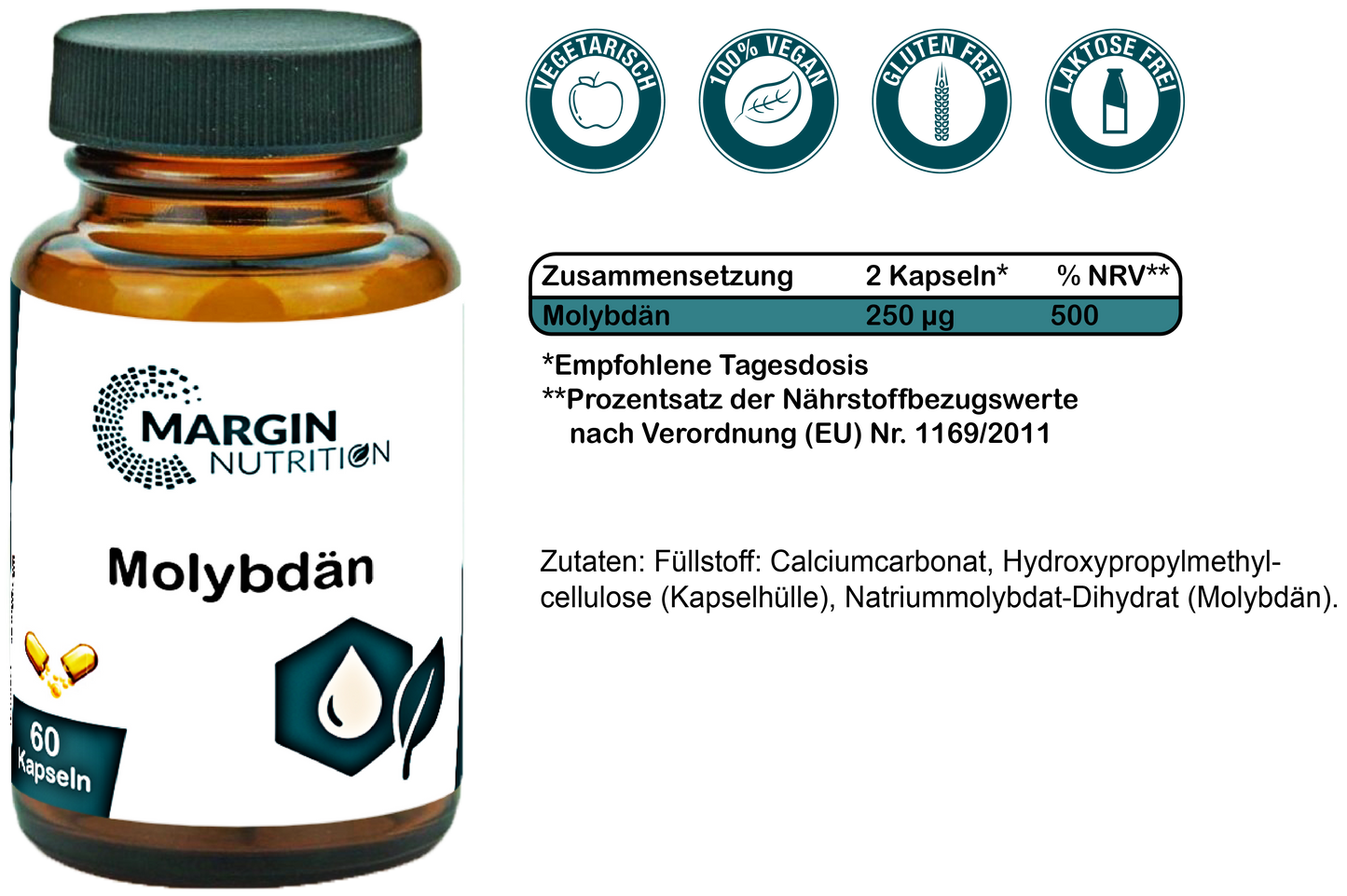 Molybdän / Hochdosiert 250 µg pro Tagesdosis (30, 60, 2x60, 3x60 Vegane Kapseln)
