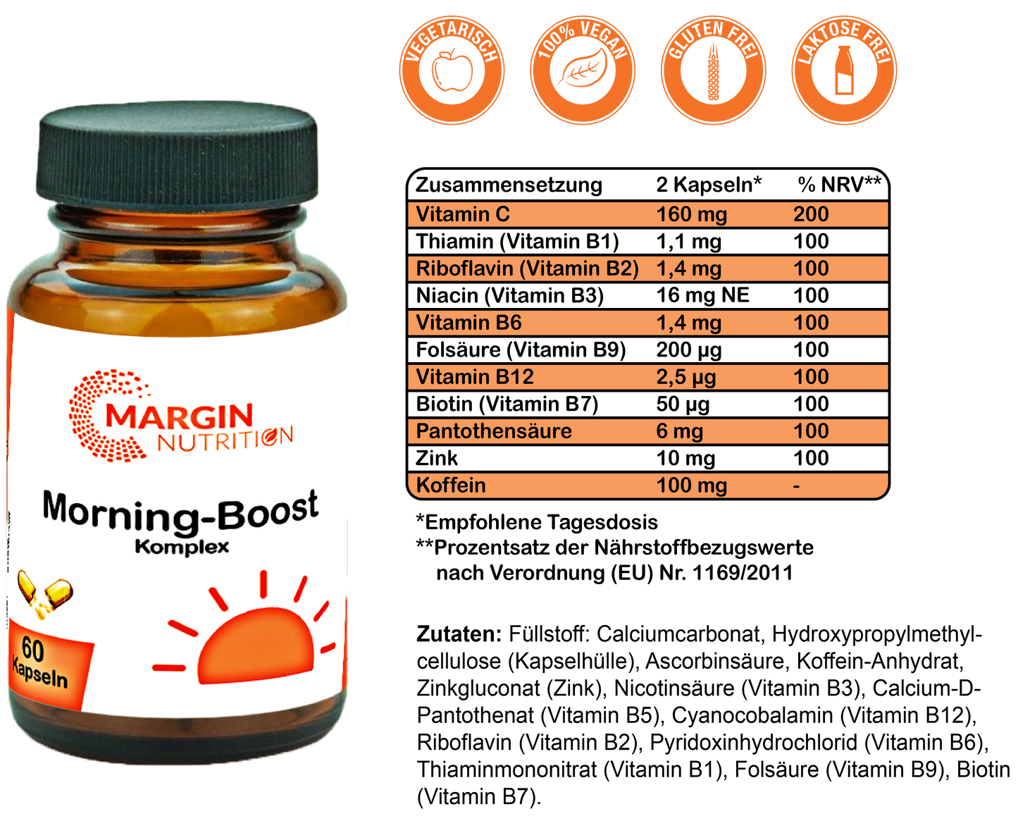 Morning-Boost Komplex / Mit Koffein, B-Vitaminen, Vitamin C und Zink (30, 60, 2x60, 3x60 Vegane Kapseln)