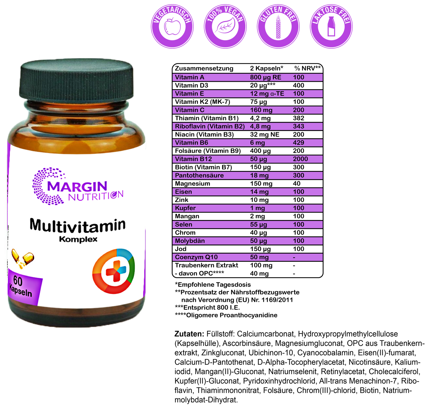Multivitamin Komplex / Mit Vitaminen, Mineralstoffen und Pflanzenextrakten (30, 60, 2x60, 3x60 Vegane Kapseln)