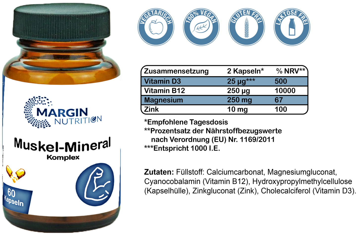 Muskel-Mineral Komplex / Mit Magnesium, Zink, Vitamin B12 und Vitamin D3 (30, 60, 2x60, 3x60 Vegane Kapseln)