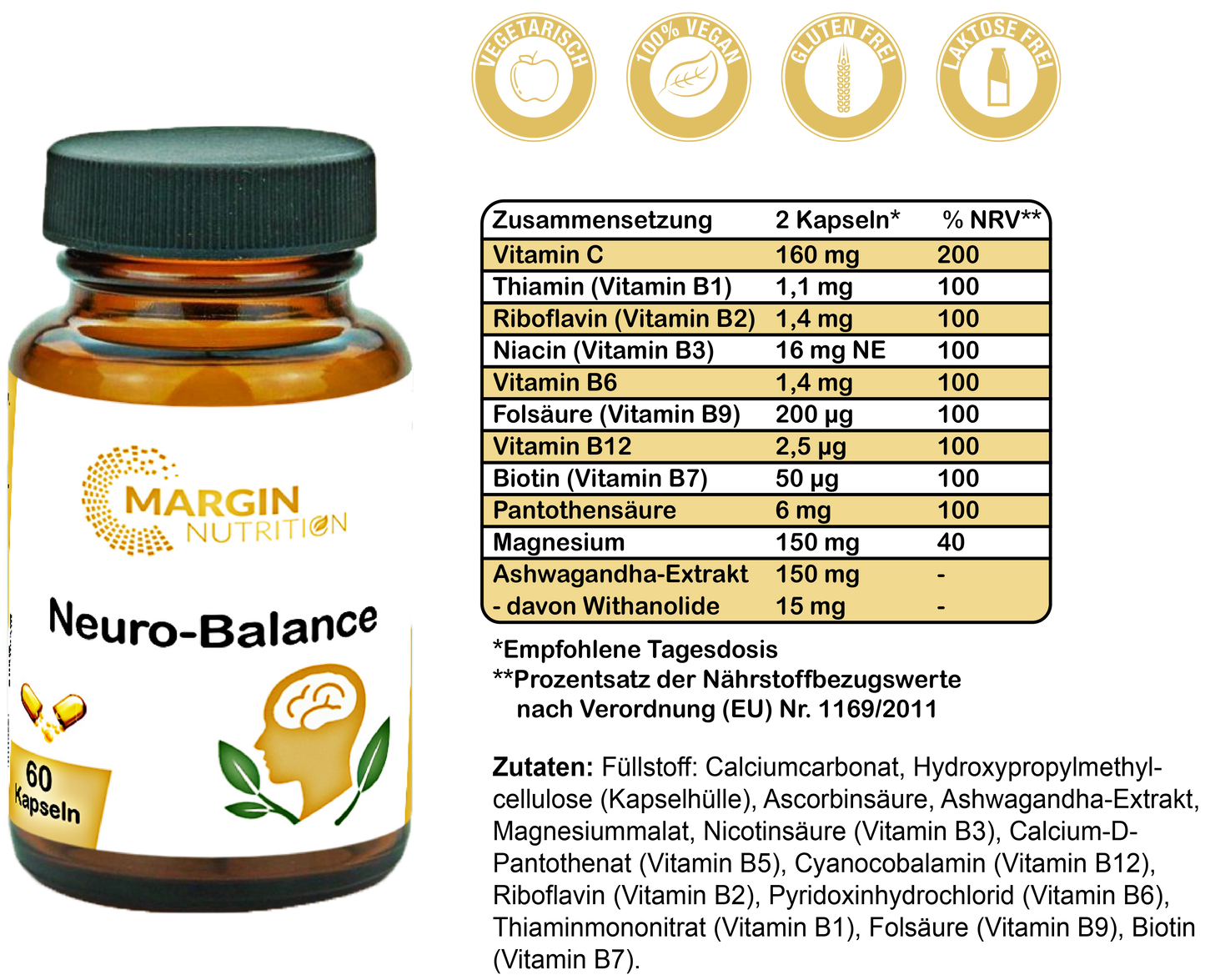 Neuro-Balance / Mit allen 8 B-Vitaminen, Ashwagandha, Magnesium und Vitamin C (30, 60, 2x60, 3x60 Vegane Kapseln)
