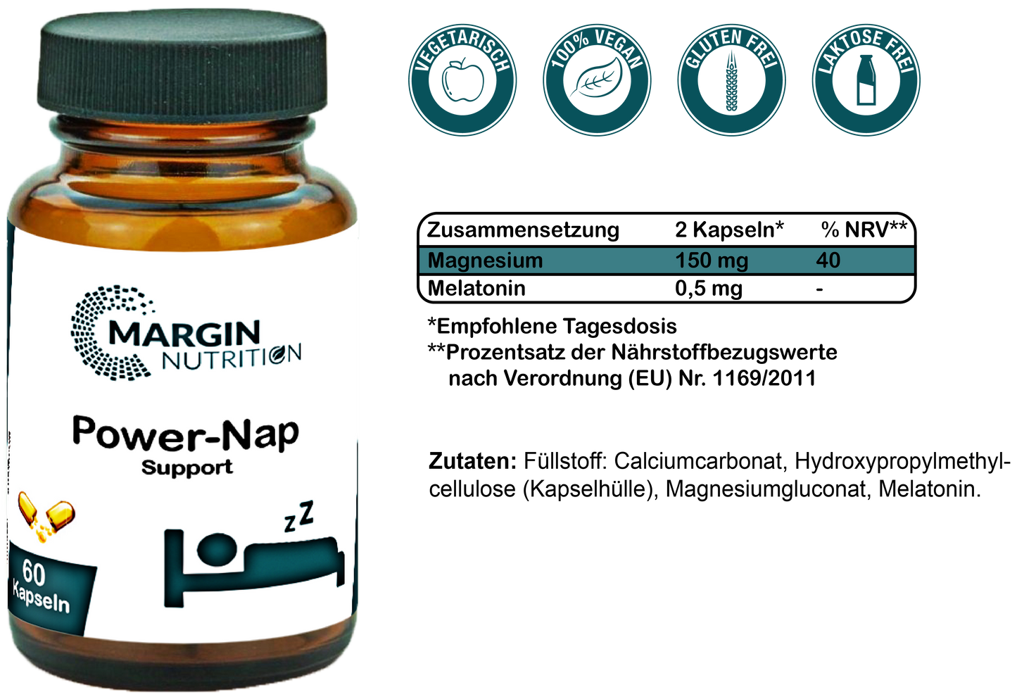 Power-Nap Support / Mit Melatonin und Magnesium (30, 60, 2x60, 3x60 Vegane Kapseln)
