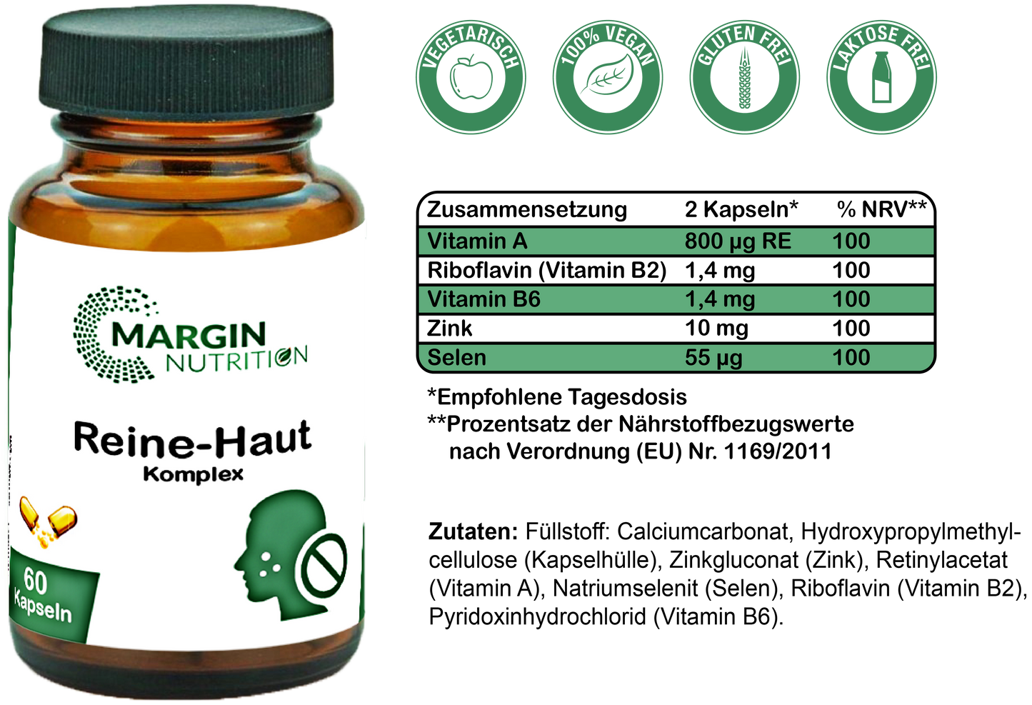 Reine-Haut Komplex / Mit Vitamin A, Vitamin B2 (Riboflavin), Vitamin B6, Zink und Selen (30, 60, 2x60, 3x60 Vegane Kapseln)