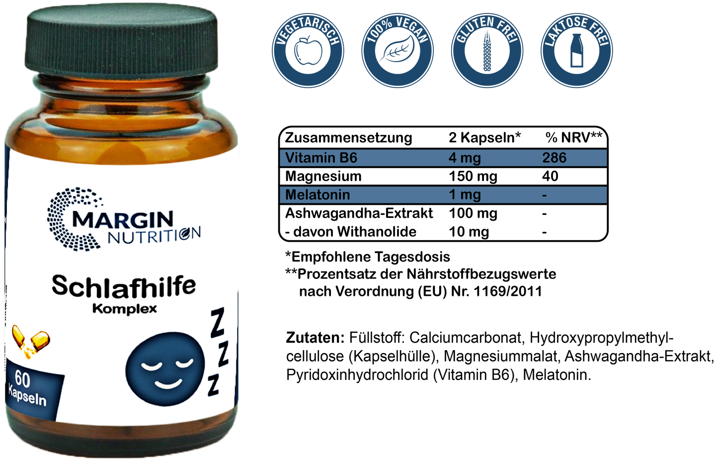 Schlafhilfe Komplex / Mit Melatonin, Magnesium, Ashwagandha und Vitamin B6 (30, 60, 2x60, 3x60 Vegane Kapseln)