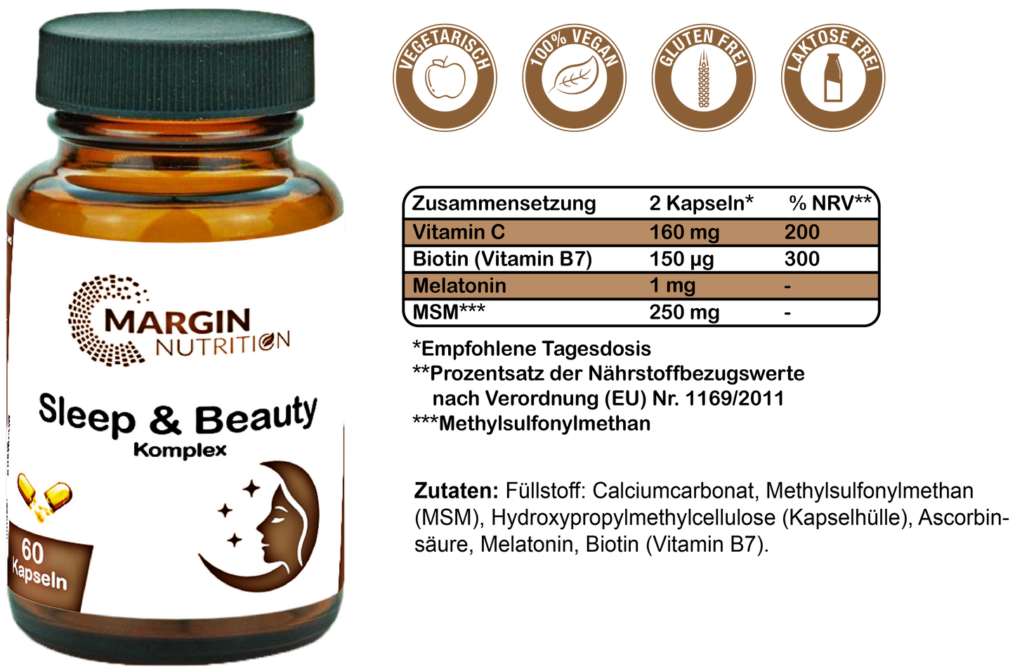 Sleep & Beauty Komplex / Mit Melatonin, Vitamin C, MSM und Vitamin B7 (Biotin) (30, 60, 2x60, 3x60 Vegane Kapseln)