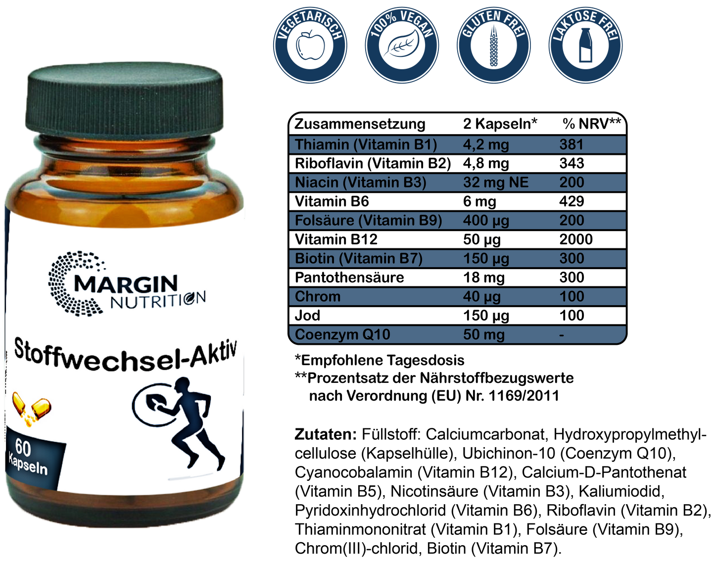Stoffwechsel-Aktiv / Mit allen 8 B-Vitaminen, Chrom, Jod und Coenzym Q10 (30, 60, 2x60, 3x60 Vegane Kapseln)
