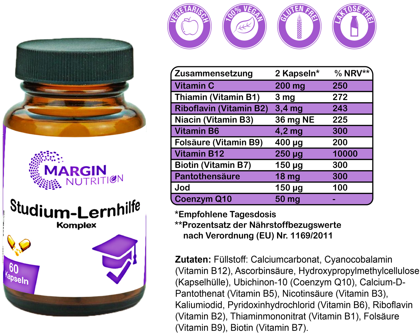 Studium-Lernhilfe Komplex / Mit allen 8 B-Vitaminen, Vitamin C, Jod und Coenzym Q10 (30, 60, 2x60, 3x60 Vegane Kapseln)