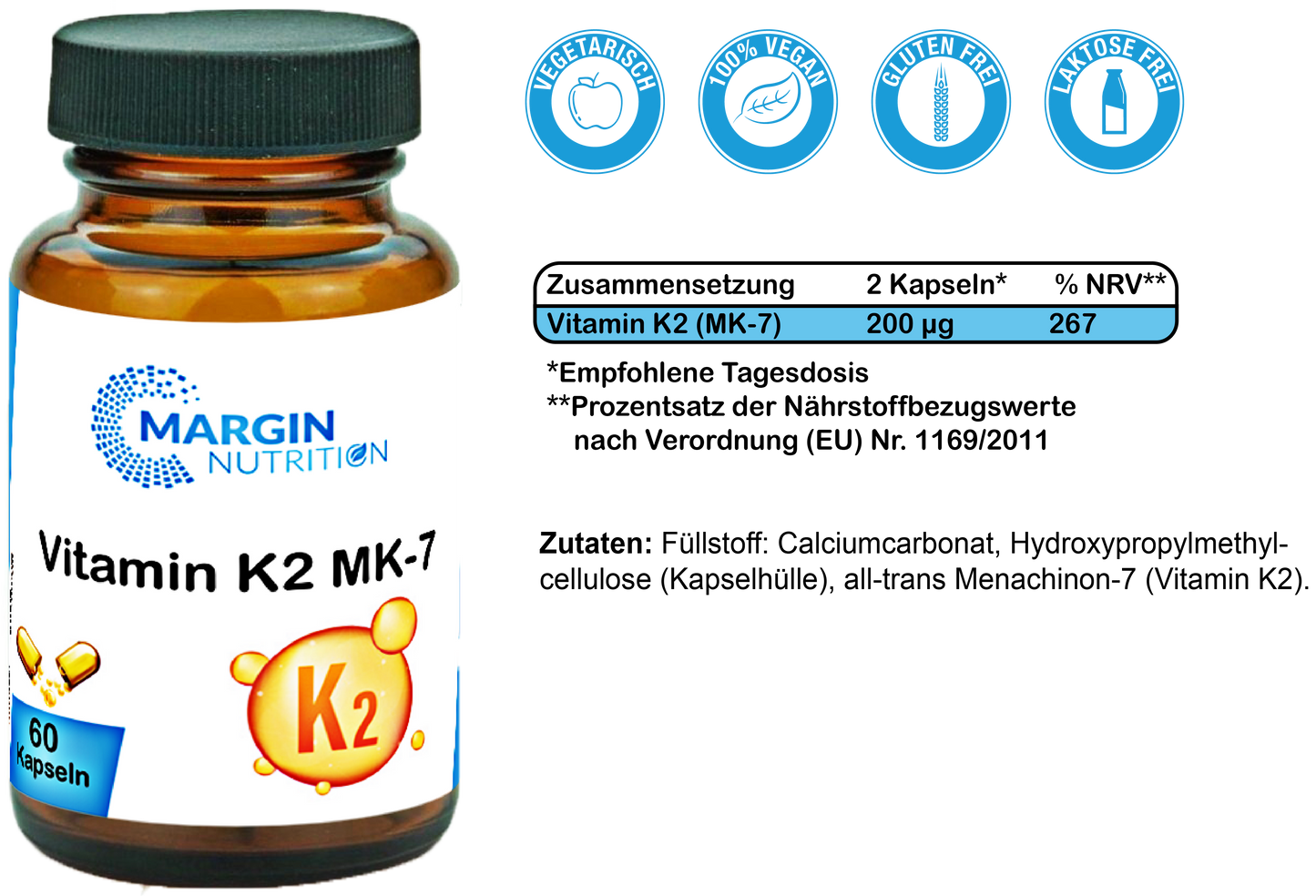 Vitamin K2 MK-7 / Hochdosiert 200 µg pro Tagesdosis (30, 60, 2x60, 3x60 Vegane Kapseln)