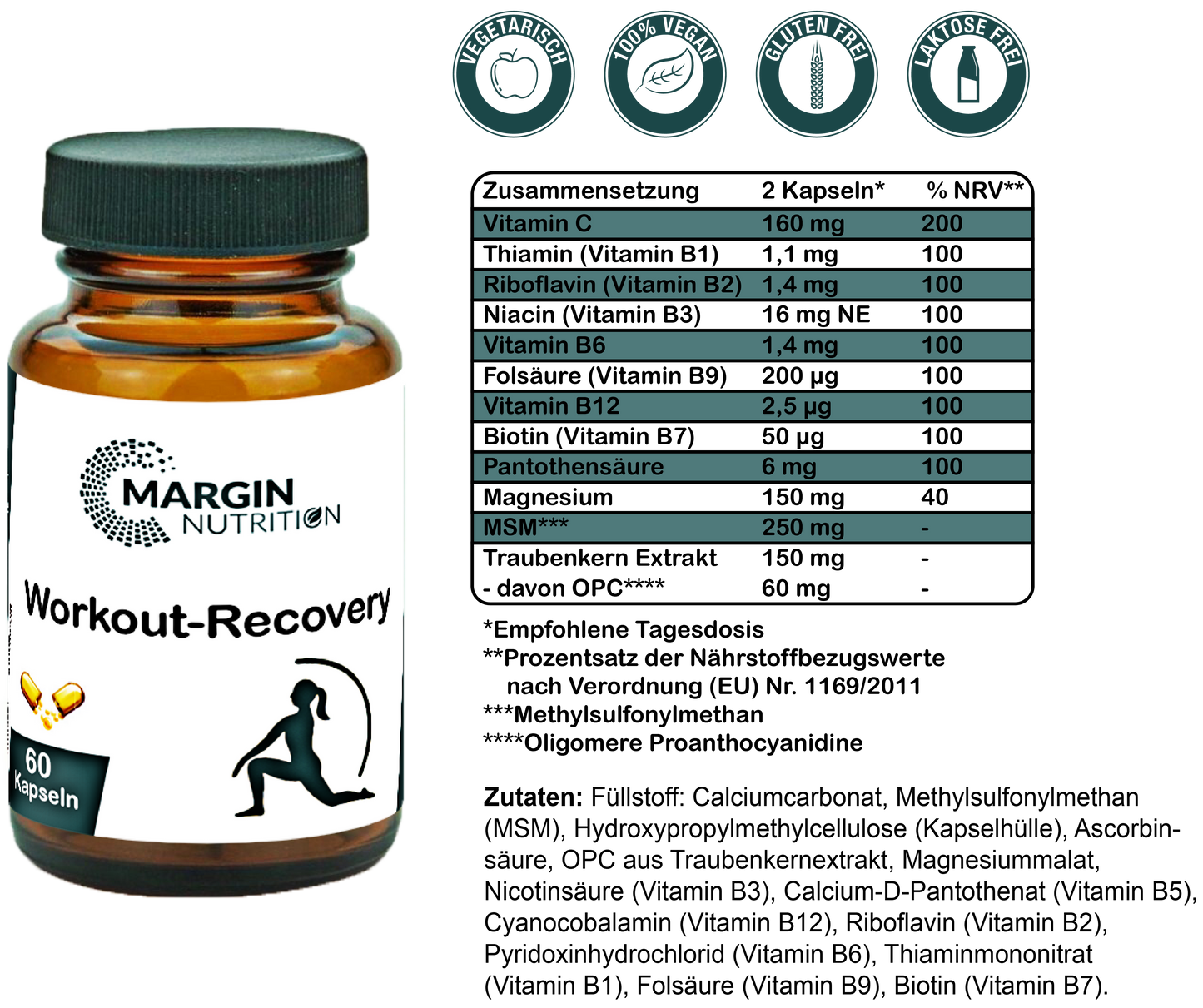 Workout-Recovery / Mit allen 8 B-Vitaminen, Magnesium, Vitamin C, MSM und Oligomere Proanthocyanidine (OPC) (30, 60, 2x60, 3x60 Vegane Kapseln)
