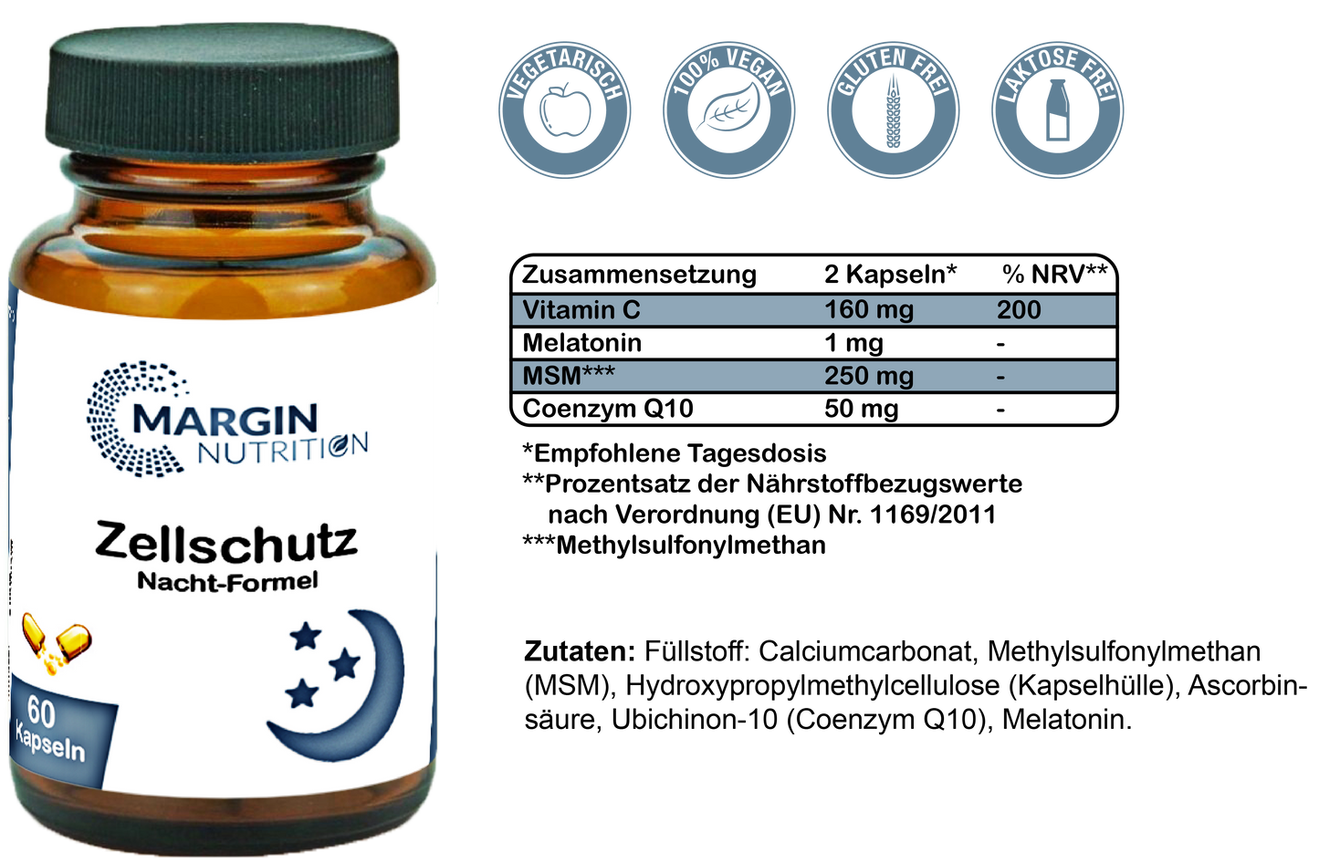 Zellschutz Nacht-Formel / Mit Melatonin, MSM, Coenzym Q10 und Vitamin C (30, 60, 2x60, 3x60 Vegane Kapseln)