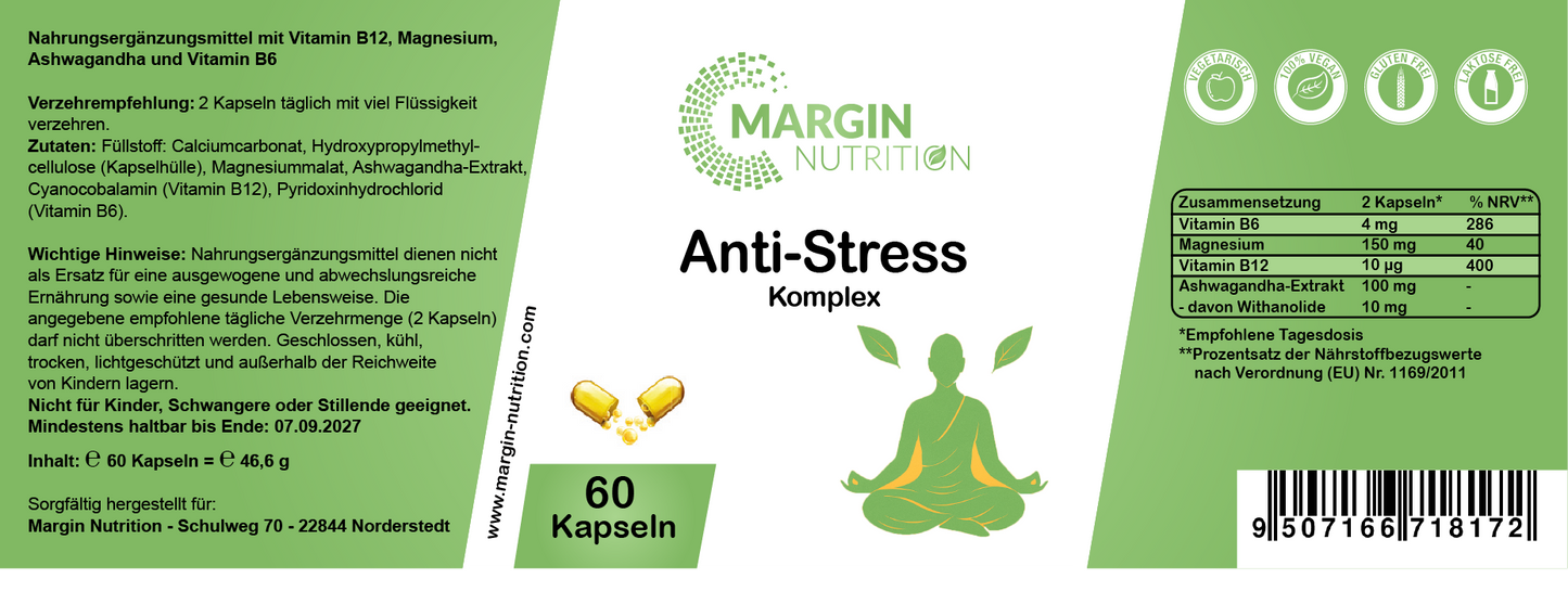 Anti-Stress Komplex / Mit Vitamin B12, Magnesium, Ashwagandha und Vitamin B6 (30, 60, 2x60, 3x60 Vegane Kapseln)