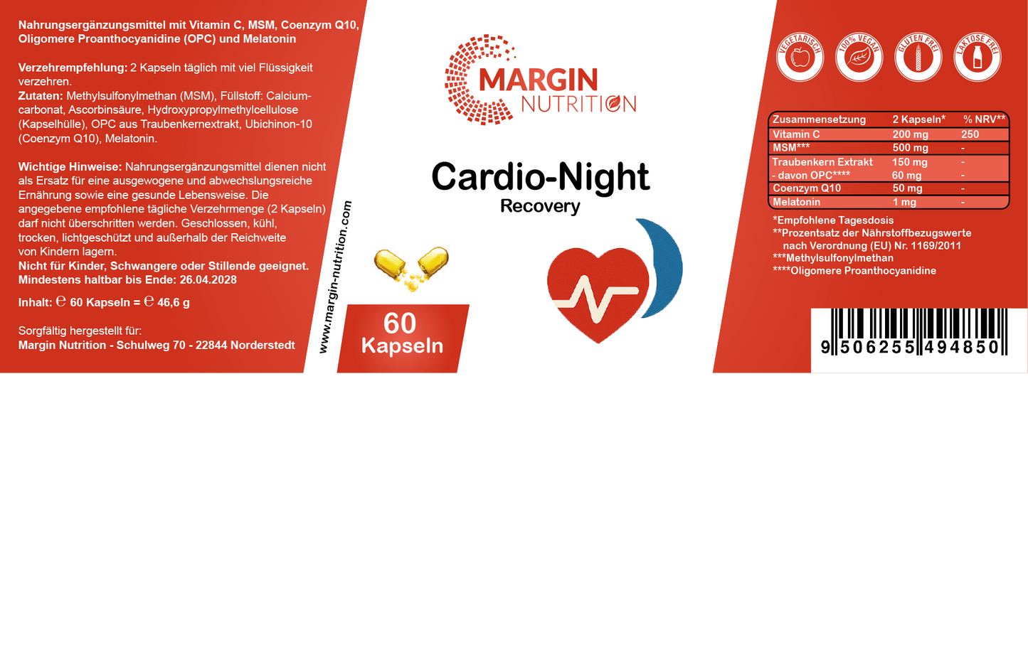 Cardio-Night Recovery / Mit Vitamin C, MSM, Coenzym Q10, Oligomere Proanthocyanidine (OPC) und Melatonin (30, 60, 2x60, 3x60 Vegane Kapseln)