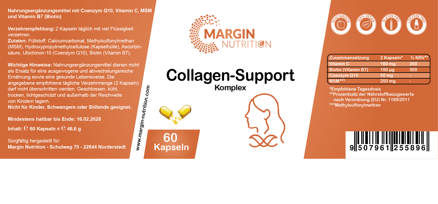 Collagen-Support Komplex / Mit Coenzym Q10, Vitamin C, MSM und Vitamin B7 (Biotin) (30, 60, 2x60, 3x60 Vegane Kapseln)