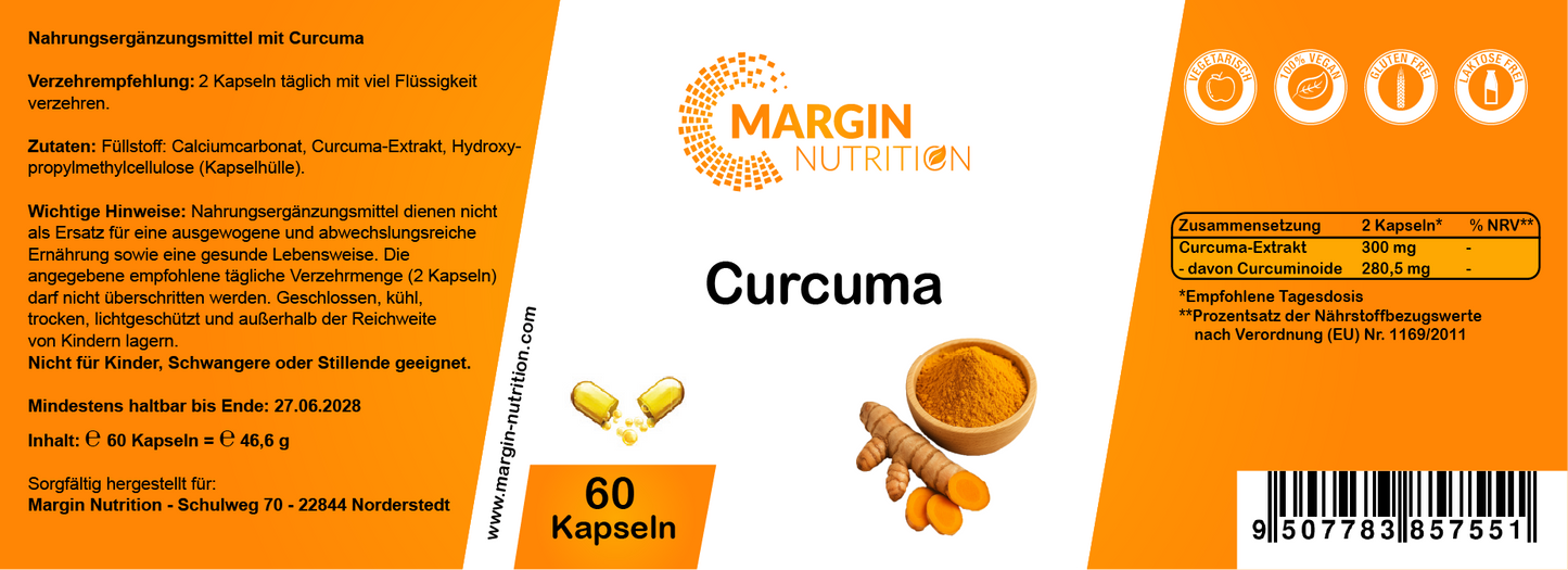Curcuma / Hochdosiert 300 mg pro Tagesdosis (30, 60, 2x60, 3x60 Vegane Kapseln)