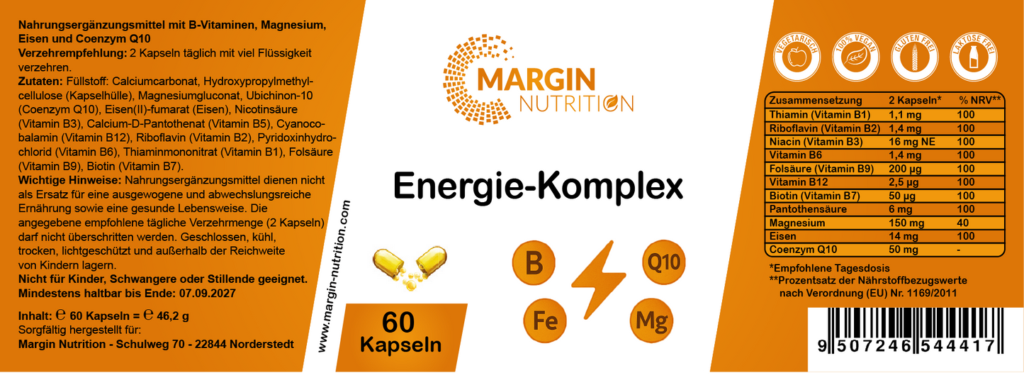 Energie-Komplex / Mit allen 8 B-Vitaminen, Magnesium, Eisen und Coenzym Q10 (30, 60, 2x60, 3x60 Vegane Kapseln)