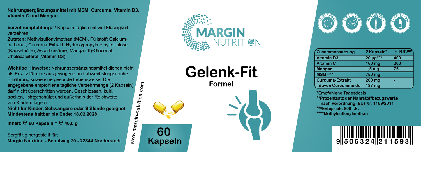 Gelenk-Fit Formel / Mit MSM, Curcuma, Vitamin D3, Vitamin C und Mangan (30, 60, 2x60, 3x60 Vegane Kapseln)