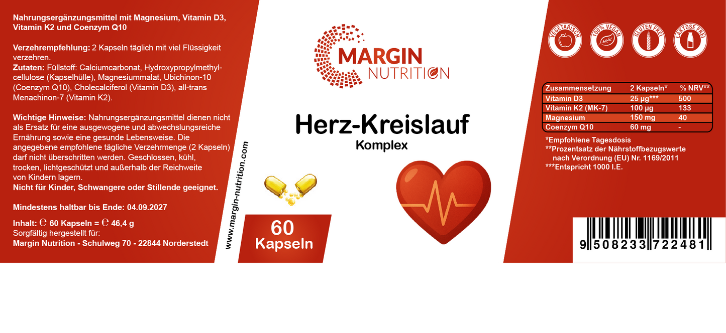 Herz-Kreislauf Komplex / Mit Magnesium, Vitamin D3, Vitamin K2 und Coenzym Q10 (30, 60, 2x60, 3x60 Vegane Kapseln)