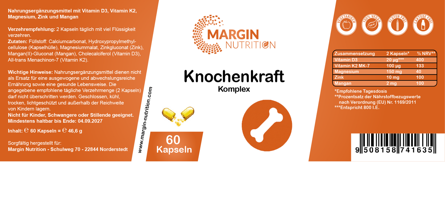 Knochenkraft Komplex / Mit Vitamin D3, Vitamin K2, Magnesium, Zink und Mangan (30, 60, 2x60, 3x60 Vegane Kapseln)
