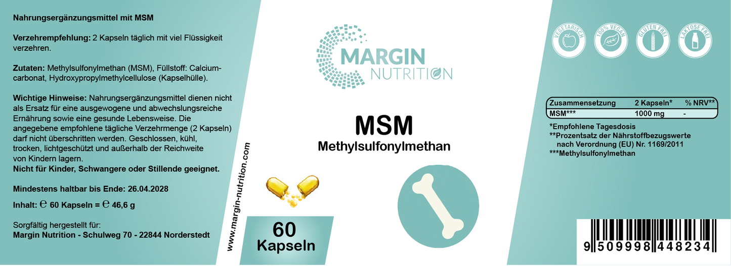 Methylsulfonylmethan (MSM) / Hochdosiert 1000 mg pro Tagesdosis (30, 60, 2x60, 3x60 Vegane Kapseln)