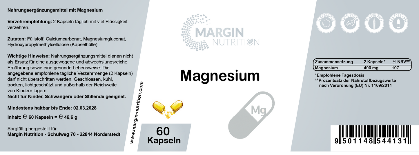Magnesium / Hochdosiert 400 mg pro Tagesdosis (30, 60, 2x60, 3x60 Vegane Kapseln)