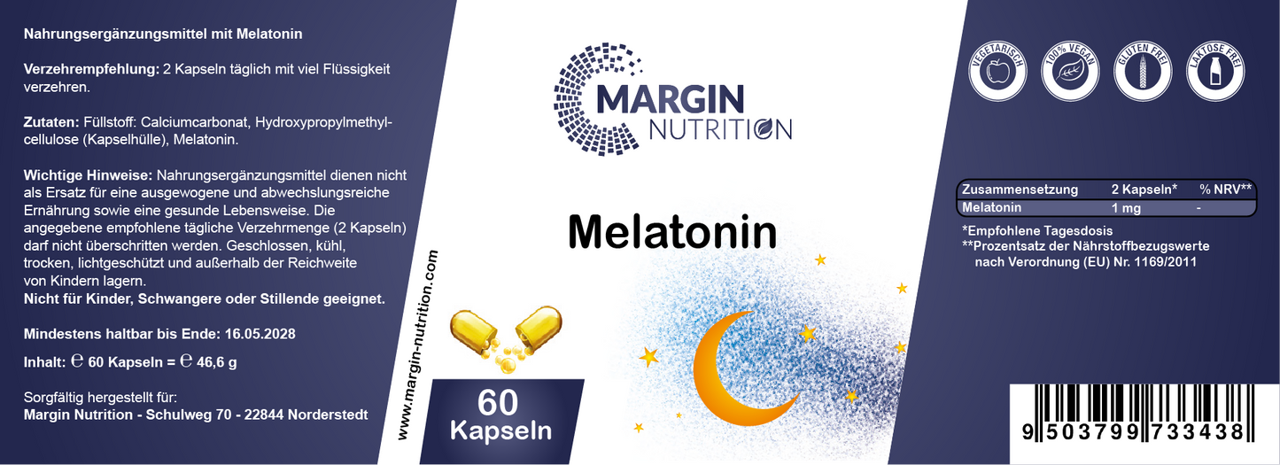 Melatonin / Mit 1 mg pro Tagesdosis (30, 60, 2x60, 3x60 Vegane Kapseln)