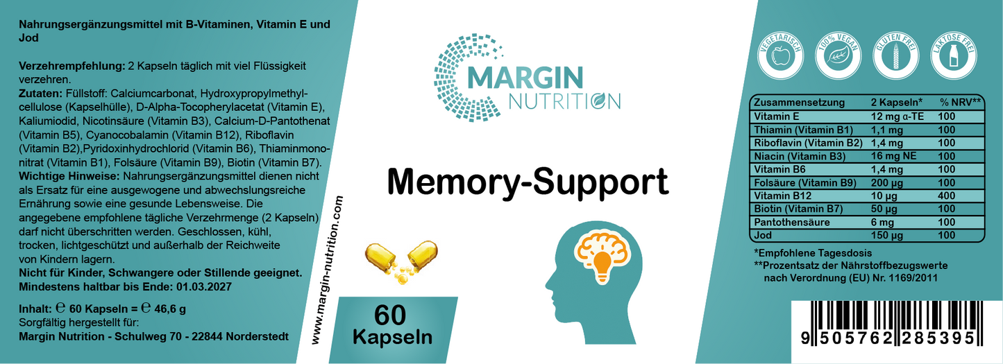 Memory-Support / Mit allen 8 B-Vitaminen, Vitamin E und Jod (30, 60, 2x60, 3x60 Vegane Kapseln)