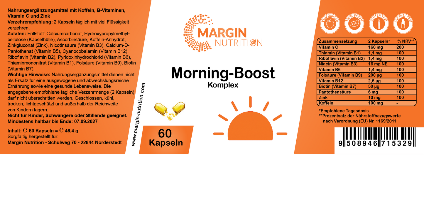 Morning-Boost Komplex / Mit Koffein, B-Vitaminen, Vitamin C und Zink (30, 60, 2x60, 3x60 Vegane Kapseln)